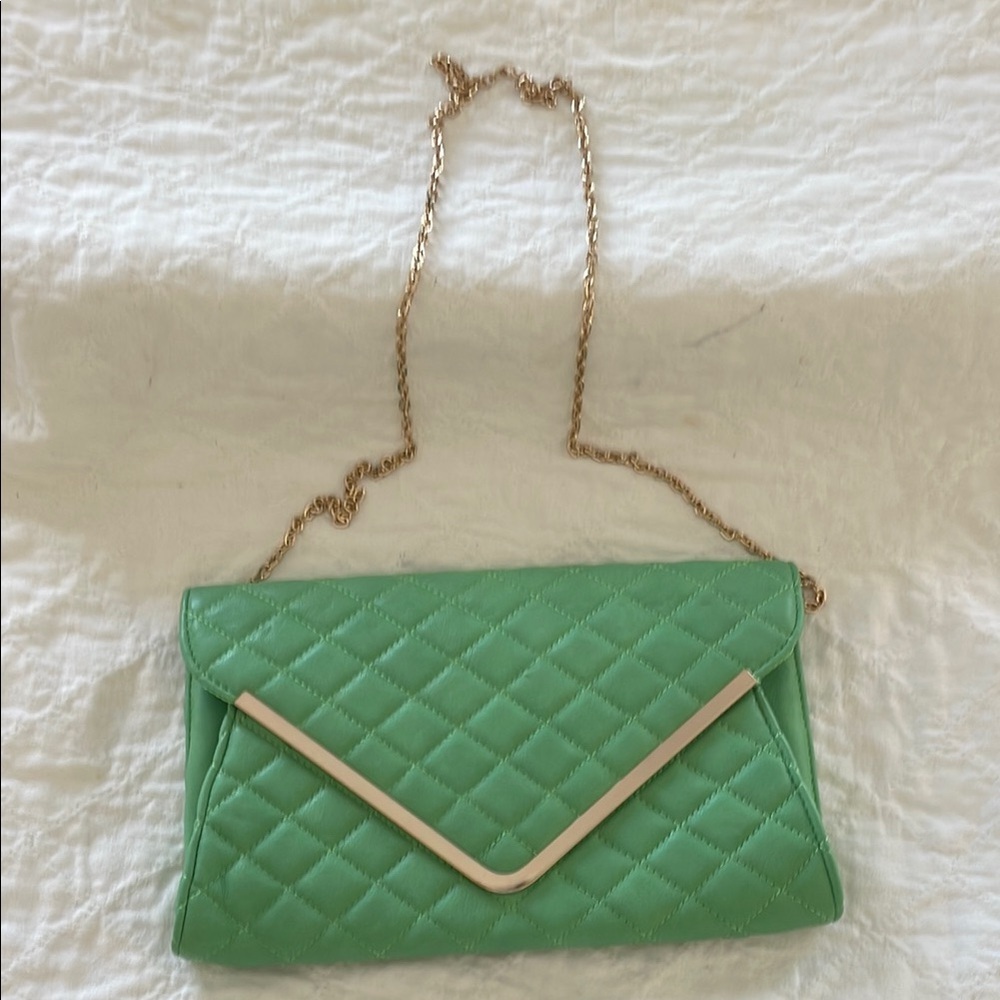 Urban Expressions Green Quilted Vinyl Clutch with Gold Chain Strap